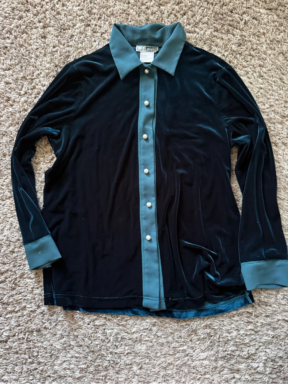 Vintage C.M. Shapes Velvet Button Down Shirt Medium M Pearl Buttons Teal Trim